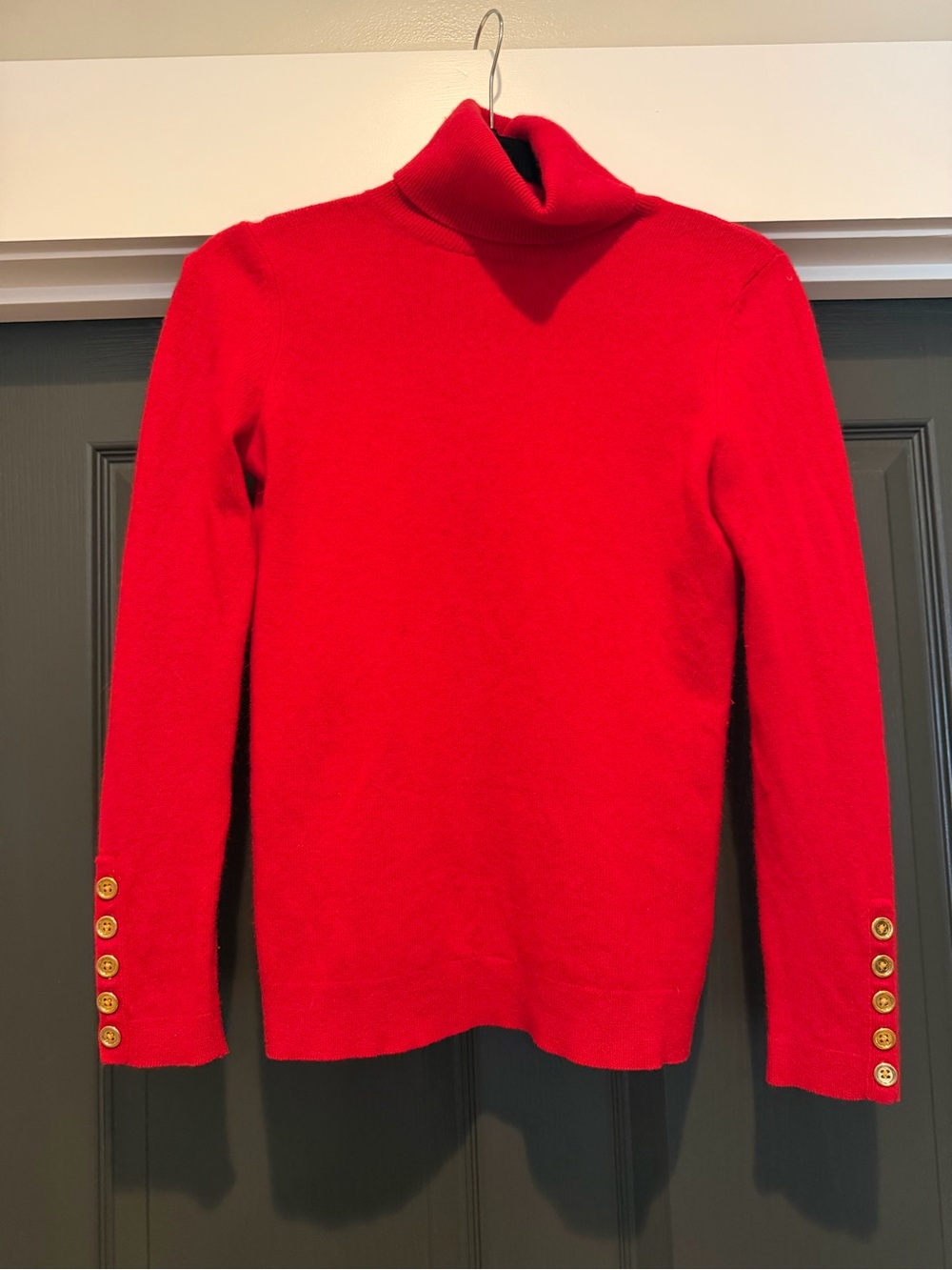 Women's 100% cashmere Red Turtleneck Sweater with Gold Button Accents